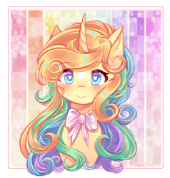 Size: 2500x2624 | Tagged: safe, artist:shimayaeiko, oc, oc only, species:pony, species:unicorn, bow, bust, curved horn, female, horn, mare, smiling, solo, wingding eyes