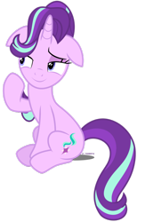 Size: 722x1107 | Tagged: safe, artist:tigerbeetle, character:starlight glimmer, species:pony, spoiler:s06, bedroom eyes, casual, female, floppy ears, lightly watermarked, mane flip, promo, season 6 hype, simple background, smiling, solo, transparent background, watermark