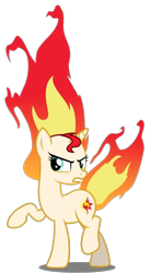 Size: 688x1162 | Tagged: safe, artist:tigerbeetle, character:sunset shimmer, species:pony, species:unicorn, angry, burning, female, fiery mane, fiery shimmer, fire, furious, mane of fire, mane on fire, raised hoof, rapidash shimmer, shadow, shim sham, simple background, solo, transparent background
