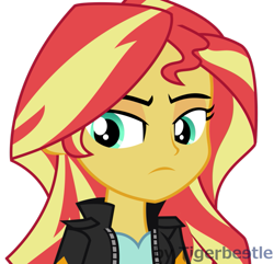 Size: 911x878 | Tagged: safe, artist:tigerbeetle, character:sunset shimmer, episode:my past is not today, g4, my little pony: equestria girls, my little pony:equestria girls, clothing, decision, female, jacket, lightly watermarked, looking back, looking down, serious, serious face, simple background, solo, sunset shimmer is not amused, transparent background, unamused, watermark