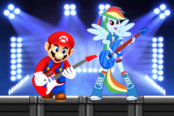 Size: 1928x1284 | Tagged: safe, artist:sigmastarlight, artist:vg805smashbros, character:rainbow dash, species:human, equestria girls:rainbow rocks, g4, my little pony: equestria girls, my little pony:equestria girls, air guitar, barely eqg related, concert, crossover, electric guitar, guitar, light, maridash, mario, musical instrument, nintendo, pegasus wings, ponied up, pony ears, rock and roll, rock concert, rock on, stage, stage light, wings