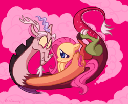 Size: 1000x814 | Tagged: safe, artist:girgrunny, character:discord, character:fluttershy, species:draconequus, species:pony, ship:discoshy, blushing, cloud, cute, discute, female, looking at each other, male, profile, shipping, shyabetes, straight