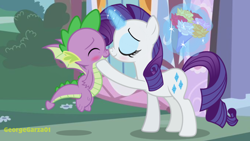 Size: 1788x1006 | Tagged: safe, artist:georgegarza01, character:rarity, character:spike, species:dragon, species:pony, species:unicorn, ship:sparity, blushing, boop, bouquet, female, flower, imminent kissing, levitation, magic, male, mare, noseboop, shipping, straight, telekinesis