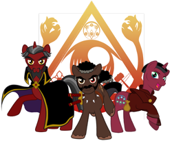 Size: 900x743 | Tagged: dead source, safe, artist:immortaltanuki, species:pony, doctor byron orpheus, jefferson twilight, order of the triad, ponified, the alchemist, the venture bros.