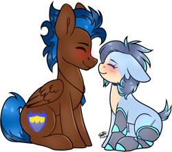Size: 2805x2475 | Tagged: safe, artist:grapegrass, oc, oc only, oc:ash wing, oc:nimble wing, species:earth pony, species:pegasus, species:pony, amputee, blushing, cute, eyes closed, female, jewelry, male, mare, mechanical legs, necklace, prosthetic leg, prosthetic limb, prosthetics, shipping, stallion