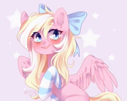 Size: 1615x1286 | Tagged: safe, artist:whiteliar, oc, oc:bay breeze, species:pegasus, species:pony, blushing, bow, clothing, cute, female, hair bow, mare, open mouth, simple background, socks, striped socks