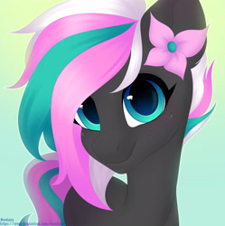 Size: 4656x4672 | Tagged: safe, artist:bestiary, artist:bestiary7, oc, oc:nextic, species:earth pony, species:pony, flower, flower in ear, flower in hair, freckles, looking at camera, looking at you, smiling, solo