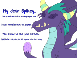 Size: 960x720 | Tagged: safe, artist:damiranc1, character:gaius, character:spike, species:dragon, egg, eyes closed, father and son, former dragon lord gaius, headcanon, implied princess celestia, male, sad, simple background, spike's egg, spread wings, text, transparent background, trap, wings