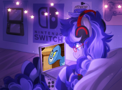 Size: 2048x1518 | Tagged: safe, artist:whiteliar, edit, oc, oc:cinnabyte, species:earth pony, species:pony, bed, bedroom, clothing, computer, headphones, nintendo switch, poster, socks, tom (tom and jerry), tom and jerry, watching