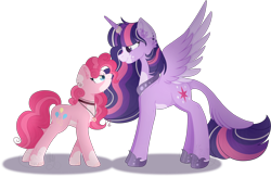 Size: 2328x1521 | Tagged: safe, artist:sh3llysh00, character:pinkie pie, character:twilight sparkle, character:twilight sparkle (alicorn), species:alicorn, species:earth pony, species:pony, ship:twinkie, alternate design, chest fluff, eye contact, female, horn, horn ring, leonine tail, lesbian, looking at each other, mare, pale belly, scrunchy face, shipping, simple background, size difference, smiling, transparent background