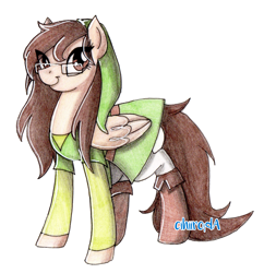 Size: 1664x1720 | Tagged: safe, artist:cihiiro, oc, oc only, oc:angel, species:pegasus, species:pony, boots, clothing, costume, crossover, female, glasses, link, mare, pegasus oc, shoes, simple background, solo, the legend of zelda, traditional art, transparent background, wings