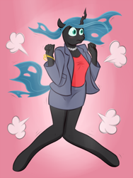 Size: 2250x3000 | Tagged: safe, artist:maximussolini, character:queen chrysalis, species:anthro, species:changeling, species:unguligrade anthro, blushing, business suit, businessalis, changeling queen, clothing, cute, cutealis, female, legs, miniskirt, poof, skirt, solo, suit, surprised