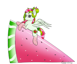 Size: 979x816 | Tagged: safe, artist:monsoonvisionz, oc, oc only, oc:watermelana, species:pegasus, species:pony, crossed hooves, female, food, freckles, fruit, giant food, gift art, gradient hooves, looking at you, mare, prone, simple background, solo, transparent background, watermelon
