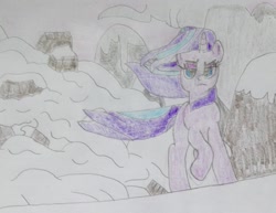 Size: 1395x1076 | Tagged: safe, artist:myoozik, derpibooru original, character:starlight glimmer, species:pony, species:unicorn, episode:the ending of the end, g4, my little pony: friendship is magic, avalanche, badass, blue eyes, cloud, female, fight, frown, implied chrysalis, mare, mountain, photo, rock, scene interpretation, sketchbook, snow, snowy mountain, stone, traditional art, walking, walking away, windswept mane