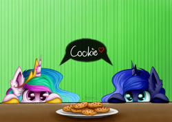 Size: 3507x2480 | Tagged: safe, artist:victoria-luna, character:princess celestia, character:princess luna, species:alicorn, species:pony, chocolate chip cookies, cookie, cute, cutelestia, dialogue, duo, ear fluff, eyes on the prize, female, food, heart, lunabetes, mare, peeking, plate, royal sisters, signature, speech bubble, table