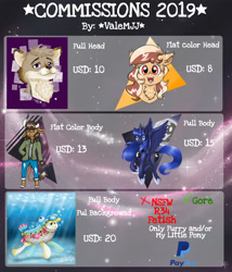 Size: 768x896 | Tagged: safe, artist:valemjj, character:princess luna, non-mlp oc, oc, species:alicorn, species:anthro, species:pony, advertisement, anthro with ponies, bust, commission, commission info, female, furry oc, hoof shoes, mare, peytral, rainbow trout (character), underwater