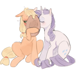 Size: 713x679 | Tagged: safe, artist:serafelis, character:applejack, character:rarity, species:earth pony, species:pony, species:unicorn, ship:rarijack, blushing, clothing, cowboy hat, cute, eyes closed, female, floppy ears, flustered, hat, implied kissing, jackabetes, kiss on the cheek, kissing, lesbian, mare, raribetes, shipping, sitting, stetson, tsundere