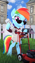 Size: 1080x1920 | Tagged: safe, artist:owlpirate, character:rainbow dash, species:pegasus, species:pony, 3d, bipedal, boomer, clothing, energy drink, female, glasses, lawn mower, mare, meme, monster energy, outdoors, revamped ponies, solo, source filmmaker, sunglasses