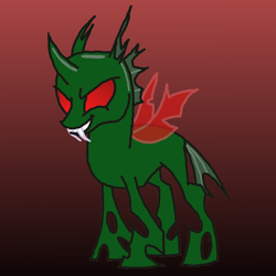 Size: 2432x2432 | Tagged: safe, artist:hybrid-changling, oc, oc only, oc:hybrid changeling, species:changeling, changeling oc, fangs, gradient background, green changeling, red eyes, solo