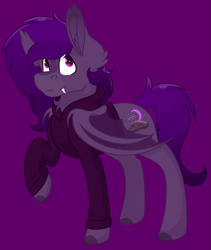 Size: 2109x2496 | Tagged: safe, artist:rokosmith26, oc, oc only, oc:midnight purple, species:bat pony, species:pony, bat pony oc, chest fluff, clothing, colored hooves, colored muzzle, cutie mark, ear fluff, fangs, hoodie, raised hoof, simple background, transparent wings, wings