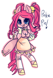 Size: 1500x2200 | Tagged: safe, artist:kronilix, character:pinkie pie, species:anthro, species:unguligrade anthro, alternate hairstyle, apron, bell, breasts, cleavage, clothing, cute, diapinkes, dress, drill hair, female, gloves, open mouth, pigtails, simple background, socks, solo, white background