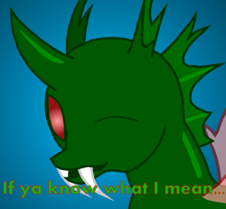 Size: 1836x1694 | Tagged: safe, alternate version, artist:hybrid-changling, oc, oc only, oc:hybrid changeling, species:changeling, caption, changeling oc, fangs, gradient background, green changeling, if you know what i mean, one eye closed, red eyes, solo, wink