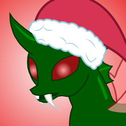 Size: 2000x2000 | Tagged: safe, alternate version, artist:hybrid-changling, oc, oc only, oc:hybrid changeling, species:changeling, bust, changeling oc, christmas, christmas changeling, clothing, fangs, gradient background, green changeling, hat, holiday, red eyes, santa hat, solo