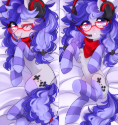 Size: 1442x1518 | Tagged: safe, artist:whiteliar, oc, oc only, oc:cinnabyte, species:earth pony, species:pony, adorkable, bandana, blep, body pillow, body pillow design, chest fluff, clothing, cute, dork, female, gaming headset, glasses, headphones, headset, mare, ocbetes, shy, silly, socks, solo, stockings, striped socks, thigh highs, tongue out
