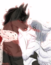 Size: 1600x2050 | Tagged: safe, artist:reyko, character:king sombra, oc, oc:light knight, species:pegasus, species:pony, species:umbrum, blushing, canon x oc, gay, kissing, male, pegasus oc