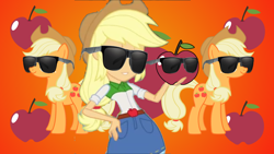 Size: 1920x1080 | Tagged: safe, artist:hybrid-changling, edit, character:applejack, species:earth pony, species:pony, my little pony:equestria girls, apple, clothing, eqg promo pose set, female, food, hat, mare, multeity, sunglasses