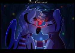 Size: 3125x2204 | Tagged: safe, artist:auroracursed, oc, species:bat pony, species:pony, species:unicorn, bat pony oc, christmas, clothing, couple, forest, heart, holiday, male, night, scarf, shared clothing, shared scarf, stallion, ych result