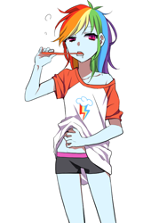 Size: 600x800 | Tagged: safe, artist:kona1025, character:rainbow dash, my little pony:equestria girls, anime, brushing teeth, clothing, cutie mark on clothes, female, morning ponies, shorts, simple background, solo, toothbrush, white background