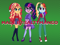 Size: 2000x1500 | Tagged: safe, alternate version, artist:saltymango, character:rainbow dash, character:sunset shimmer, character:twilight sparkle, character:twilight sparkle (scitwi), species:eqg human, my little pony:equestria girls, alternate clothes, alternate hairstyle, clothing, cute, obtrusive watermark, socks, trio, watermark