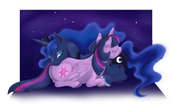 Size: 1131x707 | Tagged: safe, artist:housho, character:princess luna, character:twilight sparkle, character:twilight sparkle (alicorn), species:alicorn, species:pony, ship:twiluna, butt pillow, cuddling, female, freckles, lesbian, mare, shipping, smiling