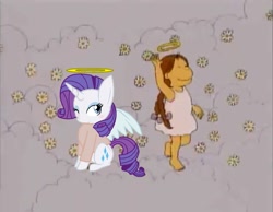 Size: 1015x788 | Tagged: safe, artist:guihercharly, character:rarity, angel, angel rarity, arthur, cloud, cloudy, crossover, dancing, flower, halo, heaven, muffy crosswire, one eye closed, winged unicorn, wink
