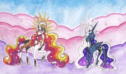 Size: 1280x754 | Tagged: safe, artist:draw1709, character:princess celestia, character:princess luna, species:pony, alternate design, traditional art