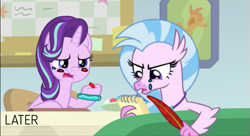 Size: 697x380 | Tagged: safe, artist:gooeybird, edit, edited screencap, screencap, character:silverstream, character:starlight glimmer, species:pony, species:unicorn, episode:student counsel, 1000 hours in ms paint, angry, blushing, candy, crying, feather, food, notepad, office, parody, sad, scene parody, story included