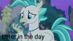 Size: 496x280 | Tagged: safe, artist:gooeybird, edit, edited screencap, screencap, character:terramar, species:hippogriff, comic:the love birds, claws, comic, forest, implied gallus, implied silverstream, implied starlight glimmer, jewelry, necklace, night, part 3, story included, upset