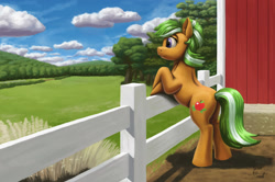 Size: 1750x1160 | Tagged: safe, artist:zevironmoniroth, character:apple leaves, species:earth pony, species:pony, apple family member, barn, cloud, crossed hooves, cutie mark, fence, grass, scenery, sky, smiling, solo, tree