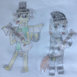 Size: 1488x1488 | Tagged: safe, artist:myoozik, derpibooru original, oc, oc only, oc:myoozik the dragon, oc:sunray shadow, species:dragon, species:pony, acoustic guitar, bipedal, brown eyes, cap, clothing, cutie mark, cutie mark on clothes, dragon oc, glasses, guitar, happy, hat, jewelry, looking at each other, male, musical instrument, necklace, photo, playing, playing instrument, raised leg, shirt, singing, sketchbook, smiling, socks, spread wings, stallion, standing, striped socks, strumming, top hat, traditional art, wings