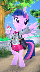 Size: 1080x1920 | Tagged: safe, artist:owlpirate, character:twilight sparkle, character:twilight sparkle (alicorn), species:alicorn, species:pony, 3d, bipedal, clothing, cosplay, costume, crossover, cute, female, hoof hold, mare, pokemon sword and shield, pokéball, pokémon, semi-anthro, solo, source filmmaker, tree, twiabetes