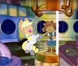 Size: 971x823 | Tagged: safe, artist:guihercharly, character:applejack, arthur, astrojack, astronaut, crossover, glass tube, laughing, space helmet, space suit, spaceship, sue ellen armstrong