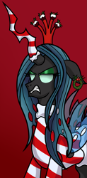 Size: 927x1879 | Tagged: safe, artist:heartshielder1991, character:queen chrysalis, species:changeling, candy, candy cane, changeling queen, christmas, christmas changeling, christmas wreath, clothing, crown, ear piercing, earring, female, floppy ears, food, gritted teeth, grumpy, holiday, horn sock, jewelry, piercing, queen chrysalis is not amused, red background, regalia, simple background, solo, unamused, wreath