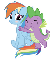 Size: 750x807 | Tagged: safe, artist:klaifferon, edit, editor:undeadponysoldier, character:rainbow dash, character:spike, species:dragon, species:pegasus, species:pony, ship:rainbowspike, blushing, cute, female, hug, hug from behind, male, mama dash, mare, shipping, simple background, straight, white background