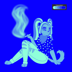 Size: 2250x2250 | Tagged: safe, artist:suchosophie, character:aria blaze, species:anthro, species:digitigrade anthro, my little pony:equestria girls, cigarette, claws, clothing, crossed legs, digital art, female, fur, furry, limited palette, looking away, otter, paws, selkie, simple background, sitting, smoke, smoking, solo, species swap, tail