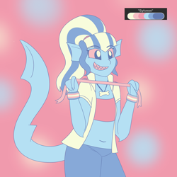 Size: 2250x2250 | Tagged: safe, artist:suchosophie, character:sonata dusk, species:anthro, my little pony:equestria girls, bracelet, chew toy, clothing, elf ears, female, jewelry, limited palette, necklace, ribbon, shark, sharkgirl, sharp teeth, simple background, smiling, solo, teeth