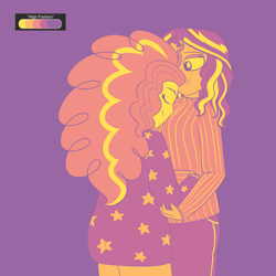 Size: 2250x2250 | Tagged: safe, artist:suchosophie, character:adagio dazzle, character:sunset shimmer, species:human, ship:sunsagio, my little pony:equestria girls, clothing, female, hug, lesbian, limited palette, shipping, simple background, sweater