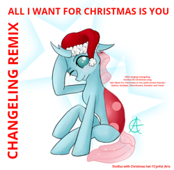 Size: 572x558 | Tagged: safe, artist:cynfularts, artist:gooeybird, edit, character:ocellus, species:changeling, species:reformed changeling, album, album cover, all i want for christmas is you, anatomically incorrect, changeling remix, christmas, christmas changeling, clothing, cute, diaocelles, female, hat, hearth's warming, holiday, incorrect leg anatomy, mariah carey, one eye closed, remix, santa hat, sitting, solo, text edit, wink