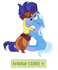 Size: 202x241 | Tagged: safe, artist:neighsay, character:hoo'far, character:trixie, derpibooru, ship:trixfar, female, kissing, male, meta, shipping, straight, tags