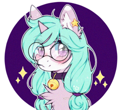 Size: 700x616 | Tagged: safe, artist:kitten-in-the-jar, oc, oc only, species:pony, species:unicorn, bell, bell collar, blushing, bust, chest fluff, collar, ear fluff, female, glasses, looking at you, mare, pigtails, portrait, solo, sparkles, twintails